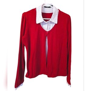 ELEMENTZ Red Metallic Faux 2-Piece Sweater Top Collared Stretch Women's PXL